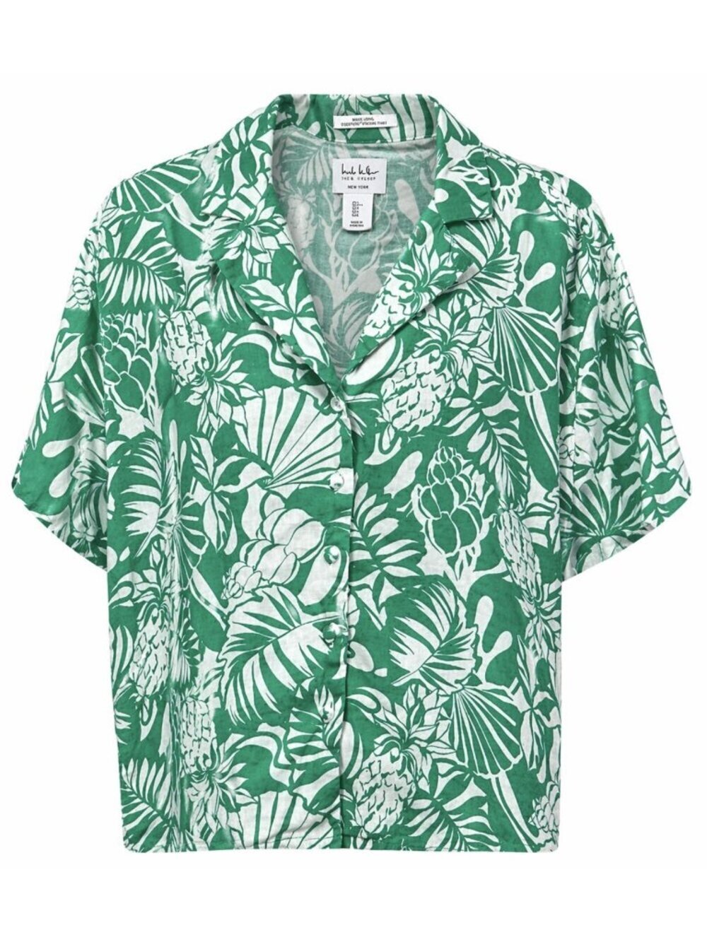 Nicole Miller Shirt Large 100% Linen Floral Button Up Vacation Beach Kelly Green